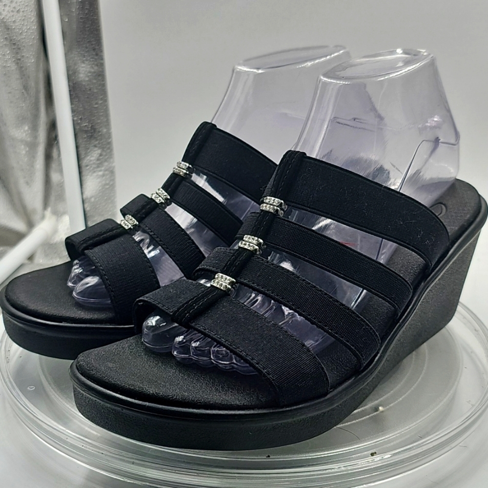 I Skechers Women's Black Luxe Foam Sandals Bling RHINESTONE Sz 9 - Picture 3 of 13